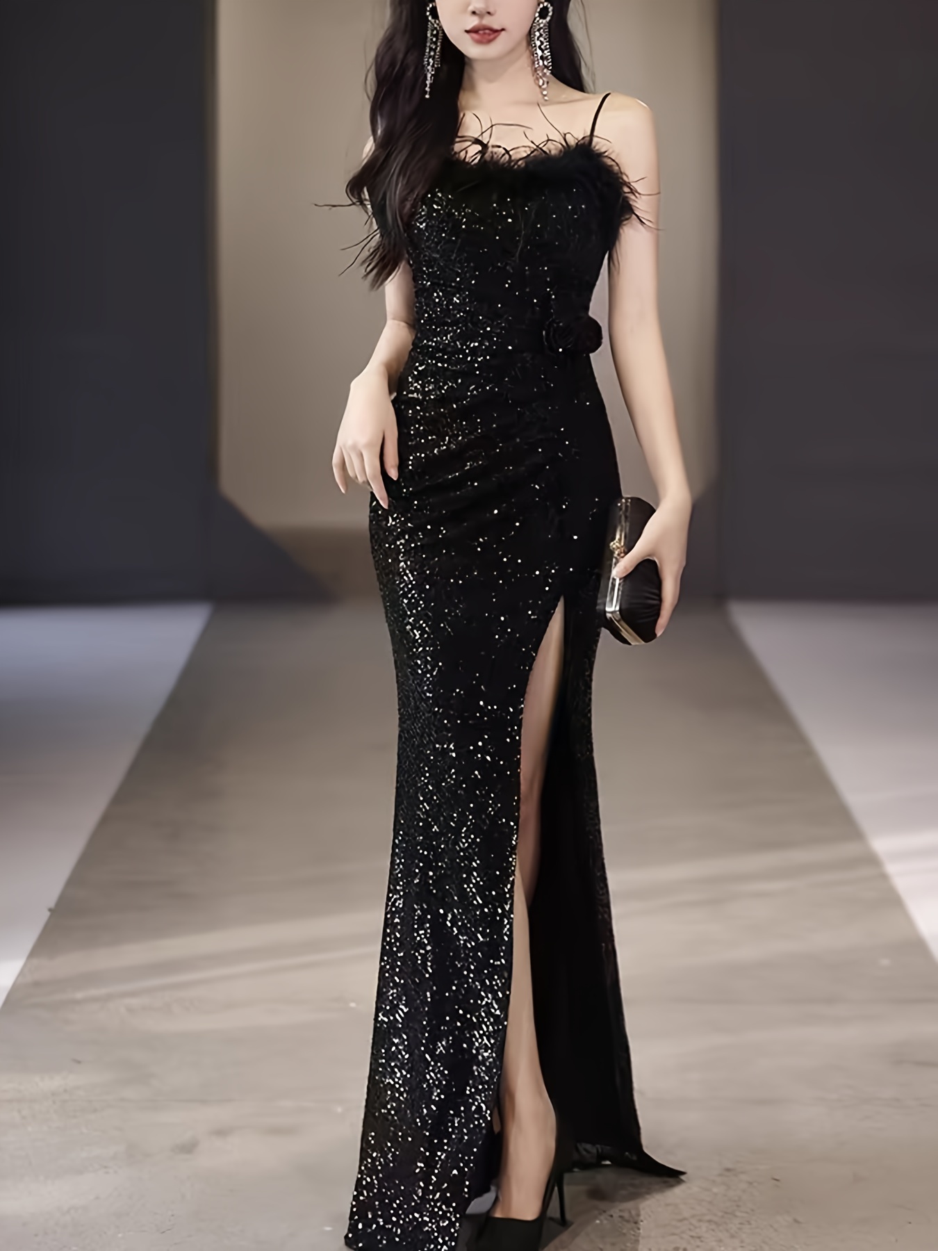 elegant black sequin evening gown for women luxurious off shoulder sleeveless with belt side parties banquets details 6