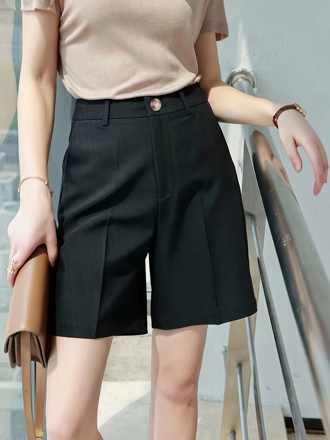 button front high waist shorts color slant pockets loose shorts for womens clothing details 3