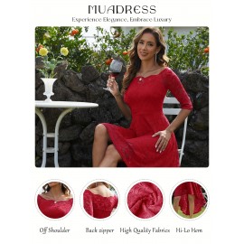 3/4 Sleeves Lace High-Low Off Shoulder Bridesmaid Dress, Cocktail Party Dress for Church Wedding Guest Formal Party