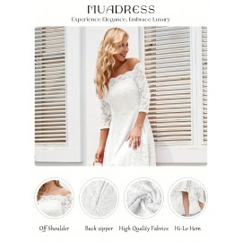 3/4 Sleeves Lace High-Low Off Shoulder Bridesmaid Dress, Cocktail Party Dress for Church Wedding Guest Formal Party