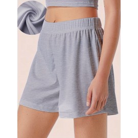 Sold Ribbed Elastic Waist Shorts, Casual Basic Shorts For Summer & Spring, Women's Clothing