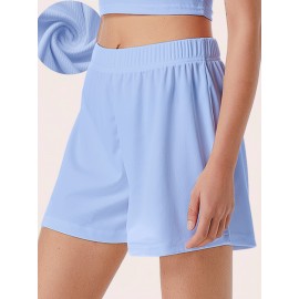 Sold Ribbed Elastic Waist Shorts, Casual Basic Shorts For Summer & Spring, Women's Clothing