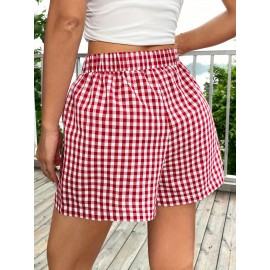 Plaid Elastic Waist Shorts, Casual Shorts For Spring & Summer, Women's Clothing