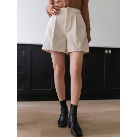 Women'S High-Waisted Straight Pants Shorts with Slant Pockets and Pleats, Solid Color, Woven Polyester, All-Season