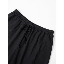 1pc Women'S Casual Polyester Shorts, Solid Color, All-Season, Woven Fabric, with Fake Drawstring Detail