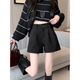 Elegant High-Waist Fleece Shorts for Women - Slimming A-Line Fit, Perfect for Fall & Winter with Pockets