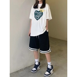 Color Block Drawstring Waist Shorts, Casual Elastic Waist Sporty Shorts, Women's Clothing