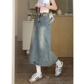 Vintage-Inspired High-Waist Split A-Line Denim Midi Skirt - Slimming, Casual Style with Button Detail, Machine Washable