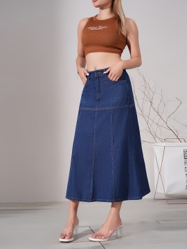 Dark Washed Women's Casual Midi Denim Skirt, Blue Jeans Style, Classic Fit