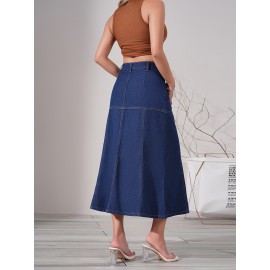 Dark Washed Women's Casual Midi Denim Skirt, Blue Jeans Style, Classic Fit
