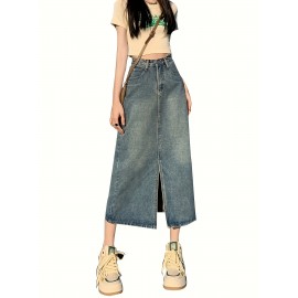 High-Waisted Vintage Midi Denim Skirt for Women – Cotton Blend Non-Stretch A-Line with Button Detail – Slim Fit Solid Color Straight Midi Skirt for Spring/Summer/Fall