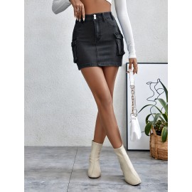 Plain Flap Pockets Cargo Denim Mini Skirt, High Stretch Double Button Washed Denim Skirt, Women's Denim Clothing