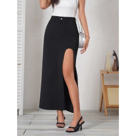 Elegant Black Denim Midi Skirt for Women - Asymmetrical, Non-Stretch, Machine Washable - Perfect for Spring/Summer/Fall