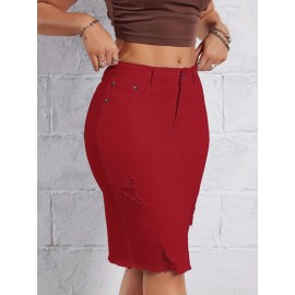 Hot Ripped High Waisted Bodycon Midi Denim Skirt, Women's Denim Jeans & Clothing