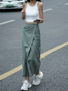 Women'S Elegant Denim Wrap Skirt - High Waist Lace-Up Slit Midi Skirt, Cotton Blend, Geometric Pattern, Woven Fabric, Non-Stretch for Spring/Summer/Fall