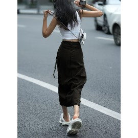 Women'S Elegant Denim Wrap Skirt - High Waist Lace-Up Slit Midi Skirt, Cotton Blend, Geometric Pattern, Woven Fabric, Non-Stretch for Spring/Summer/Fall