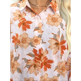 Floral Print Button Up Shirt, Vacation Lapel Neck Long Sleeve Loose Shirt, Women's Clothing