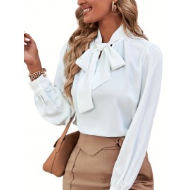 Bow Neck Long Sleeve Blouse, Elegant Cozy Blouse For Spring & Fall, Women's Clothing