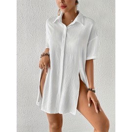 Women's Short Shirt Ice Silk Wrinkled Polo Neck Solid Color Button Elegant Casual Shirt