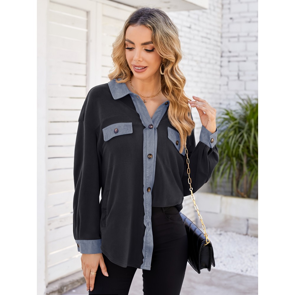 Drop Shoulder Button Front Shirt, Casual Long Sleeve With Pocket Shirt For Spring & Fall, Women's Clothing