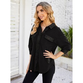 Drop Shoulder Button Front Shirt, Casual Long Sleeve With Pocket Shirt For Spring & Fall, Women's Clothing