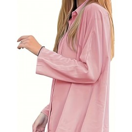 Women's Oversized T-Shirt Button-Up Long Sleeve Shirt V-Neck Loose Flowy Shirt