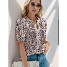 Floral Print Notched Neck Blouse, Casual Pleated Puff Sleeve Blouse For Spring & Summer, Women's Clothing